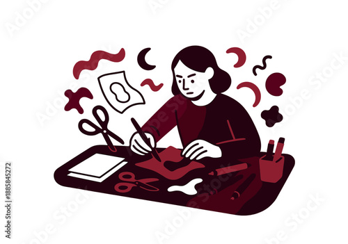 Whimsical Crafting Station. Crafting station. Scissors, paper, and markers surround a focused crafter, colorful scraps floating whimsically. Curved shapes
