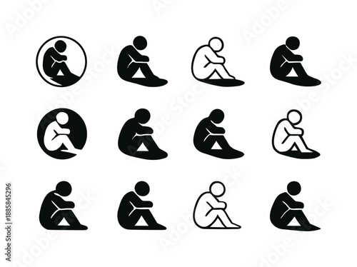 Solitude Icon Set. The Emotional Impact of Being Alone in Hard Times. Icon set. Set Logo of The Emotional Impact of Being Alone in Hard Times: figure with