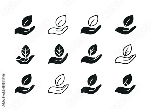 Elderly Care Icons. Elderly Care and Senior Living. Icon set. Set Logo of Elderly Care and Senior Living: leaf and hand. harmonious logo variations of the same