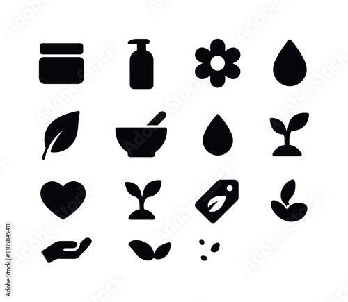 Natural Cosmetics Icons. Natural cosmetics. Solid icon set of Natural cosmetics: jar, bottle, flower, leaf, bowl, spoon, droplet, heart, plant, tag, hand,