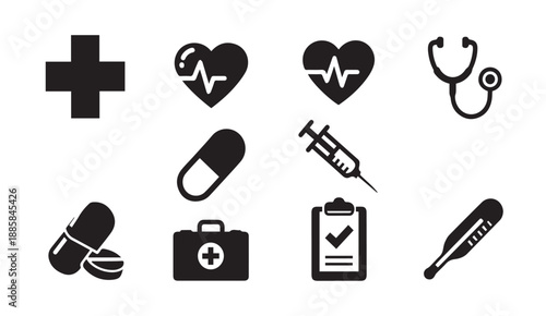 Medical icons set including cross, heart rate, stethoscope, pills, syringe, and clipboard