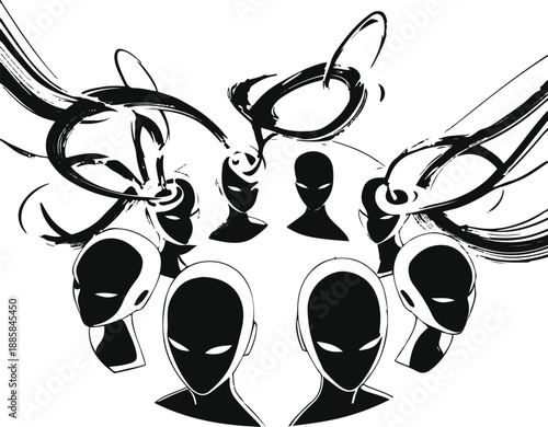 Metaverse social interaction, faceless avatars connected through abstract portals, black and white vector illustration 