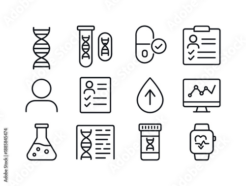 Personalized Medicine Icons. Personalized medicine. Line icon set of personalized medicine: DNA helix, genetic test tube, personalized pill, medical chart,