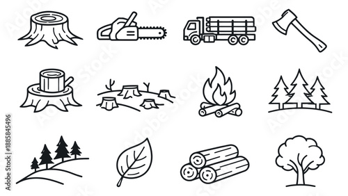 Line art forestry and logging icon set featuring tree stumps, chainsaw, axe, truck, campfire, trees, and logs for nature and timber industry