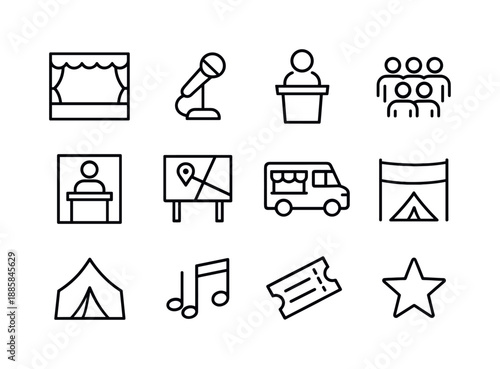Public Gathering Icons. Public gathering. Line icon set of public gathering: stage, microphone, speaker podium, crowd, information booth, map board, food