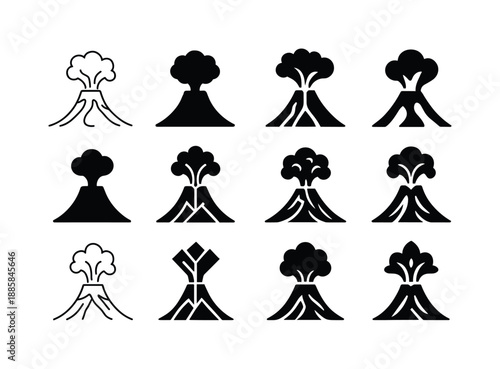Volcano Emblem Variations. Volcanic eruption. Icon set. Set Logo of Volcanic eruption: erupting volcano. harmonious logo variations of the same emblematic