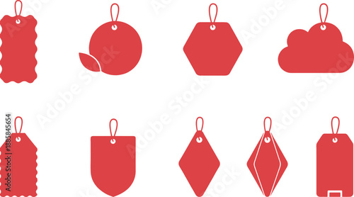 Set of red geometric and organic shaped hanging tags isolated on transparent background