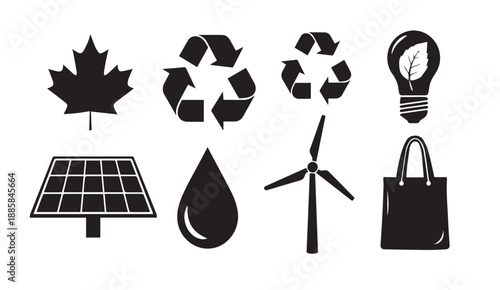 Eco friendly icons set including maple leaf, recycling symbol, light bulb with leaf, solar panel, water drop, wind turbine and shopping bag