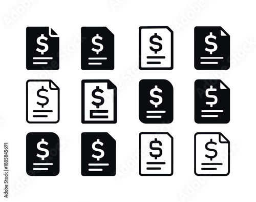 Liability Icon Set. Liability. Icon set. Set Logo of Liability: document with dollar sign. harmonious logo variations of the same emblematic concept, each with