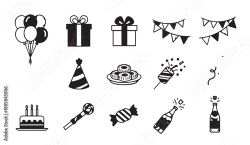 Black and white vector icons for birthday party celebration