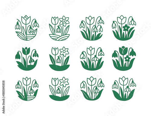 Floral Emblem Icons. Tulips, daffodils, and snowdrops in bloom. Icon set. Set Logo of Tulips, daffodils, and snowdrops in bloom: blooming field. harmonious