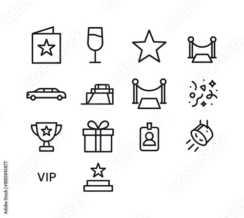 VIP Event Icons. VIP event. Line icon set of VIP event: invitation card, champagne glass, star, limousine, red carpet, rope barrier, trophy, gift