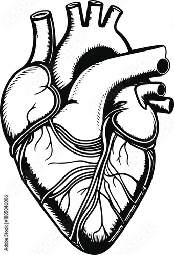 Healthcare technology evolution, human heart blended with circuit lines, black and white vector, high contrast