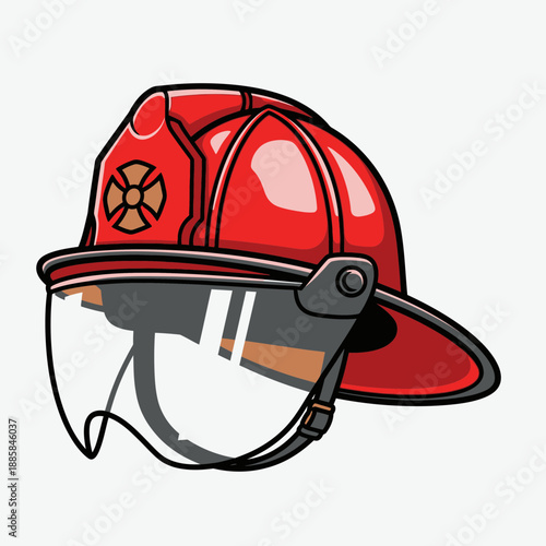 Red Fire Safety Helmet with Visor Vector Illustration for Firefighter Gear and Protection PPE
