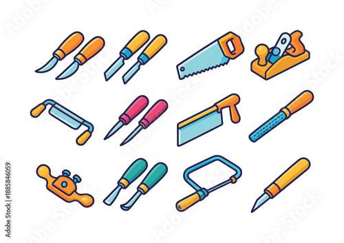Colorful Woodworking Icons. Woodworking tools. Colorful isometric vector icons set of Woodworking tools: carving knives, woodworking chisels, hand saws, block