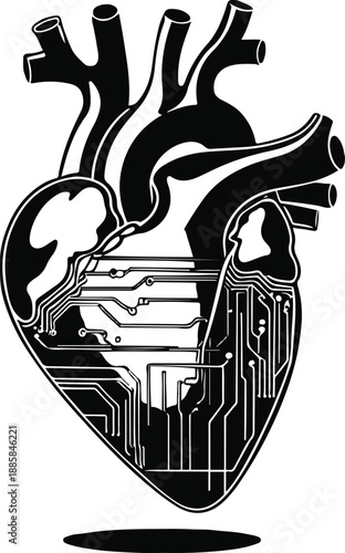 Healthcare technology evolution, human heart blended with circuit lines, black and white vector, high contrast 3