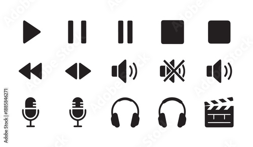 Collection of black audio and video icons, including play, pause, and microphone symbols.