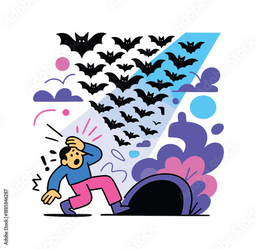 Bat Swarm Surprise. Bat Swarm Awakens. Dozens of stylized bats swarm upward from a deep cave opening, silhouetted against a light beam. Below, a tiny character