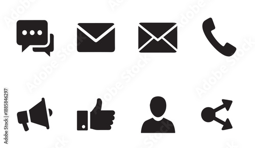 Collection of black icons for communication, social media, and networking on white background