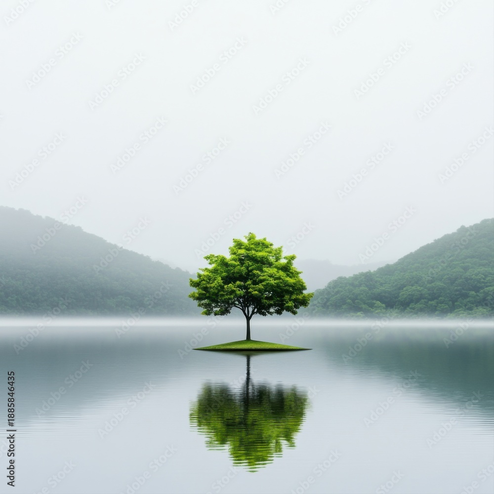 Obraz premium Serene Landscape with Tree and Reflection in Calm Waters at Dusk