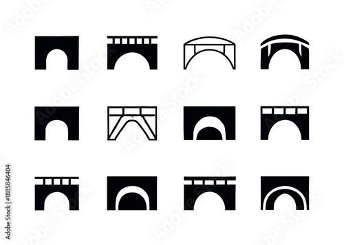 Skybridge Icon Variations. Skybridge. Icon set. Set Logo of skybridge: minimalist skywalk silhouette. harmonious logo variations of the same emblematic