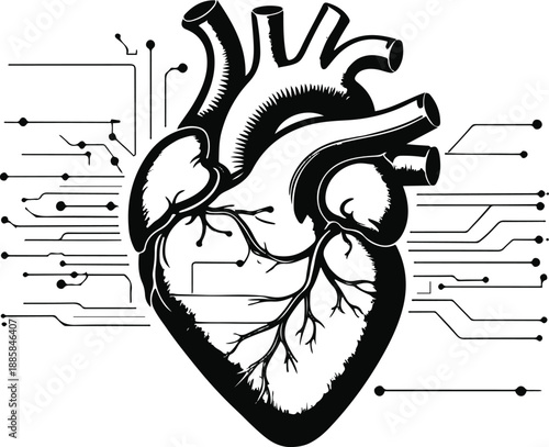 Healthcare technology evolution, human heart blended with circuit lines, black and white vector, high contrast 1