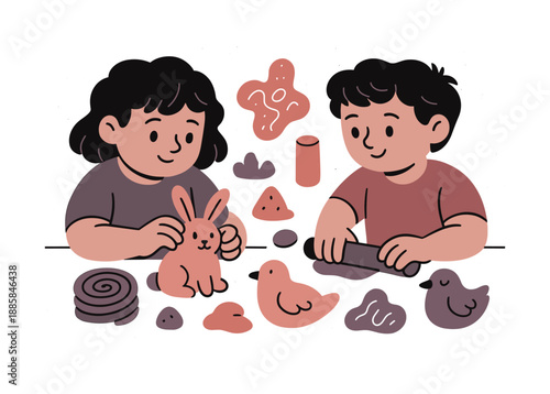 Kids Sculpting Clay. Clay modeling. Kids roll and shape soft clay into animals and abstract forms, gentle curves and texture icons emphasizing tactile fun.
