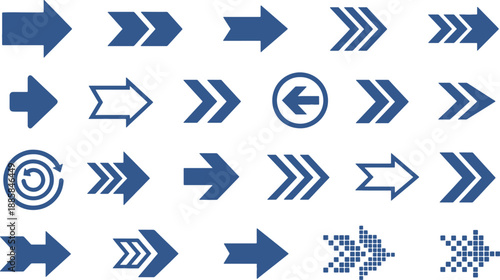 Set of various blue navigation and direction arrows isolated on transparent background