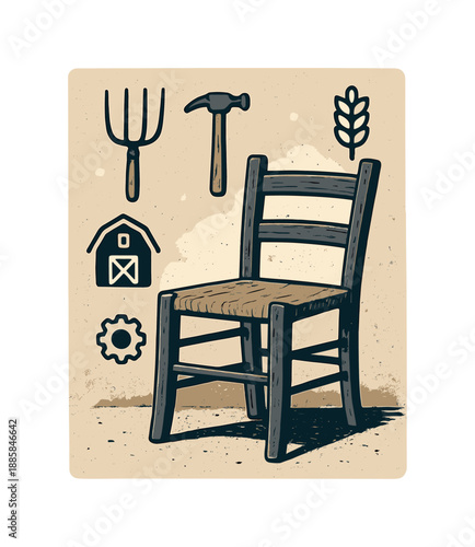 Rustic Farmhouse Charm. Old farmhouse chair. A rustic chair stands against a textured wall, simple tools hanging above. Floating icons evoke heritage and work.