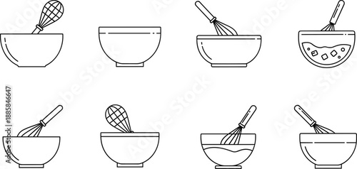 Cooking Baking Kitchen Mixing Bowl Whisk Utensil Preparation Recipe Food Ingredient Culinary Process Chef Homemade Kitchenware Tool Lineart Icon Set