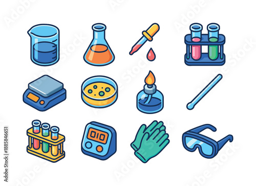 Colorful Lab Equipment. Laboratory tools. Colorful isometric vector icons set of Laboratory tools: beakers, flasks, pipettes, test tubes, lab scales, petri