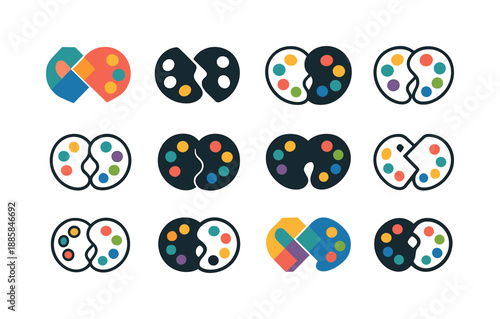 Artistic Logo Variations. Artistic collaboration. Icon set. Set Logo of Artistic collaboration: joined color palettes. harmonious logo variations of the same