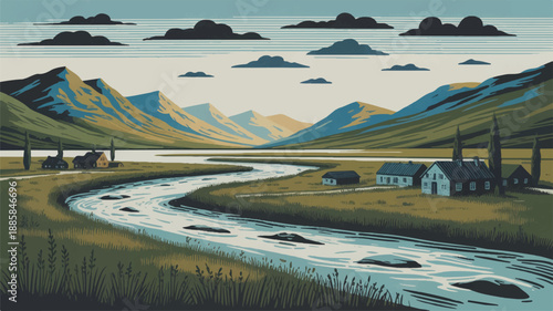 A stylized illustration of a mountain landscape with a winding river (2)_traced