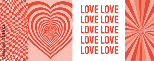 love, Valentine, romance, optical, illusion, pattern, heart, tunnel, checkerboard, burst, red, pink, white, text, repeated, abstract, vibrant, visual, design, emotion