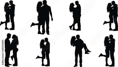 Couple Silhouette Love Romance Romantic Kiss Kissing Hug Hugging Passion Relationship Dating Valentine Man Woman People Black White Vector Illustration
