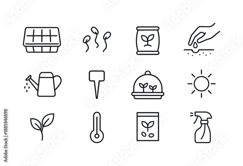 Seed Starting Icons. Seed Starting. Line icon set of Seed Starting: seed tray, sprouting seeds, soil bag, hand planting seed, watering can, label stick,
