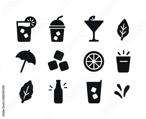 Summer Drink Icons. Summer beverages. Solid icon set of summer beverages: lemonade glass, iced tea cup, cocktail glass, umbrella, straw, ice cubes, citrus