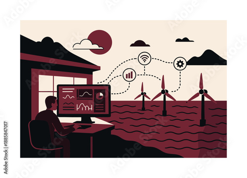 Coastal Energy Harmony. Coastal energy station. A shoreline control hub monitors tidal turbines offshore, data icons flowing between land and sea. Harmony of