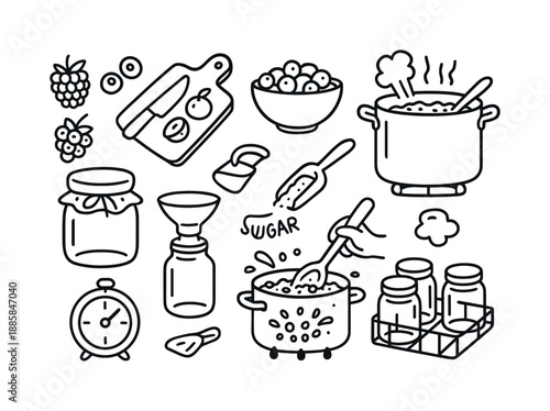 Jam Making Doodles. Making jam. Hand-drawn doodle illustration Making jam raspberries, blueberries, cutting board, knife, fruit bowl, boiling pot, timer, glass