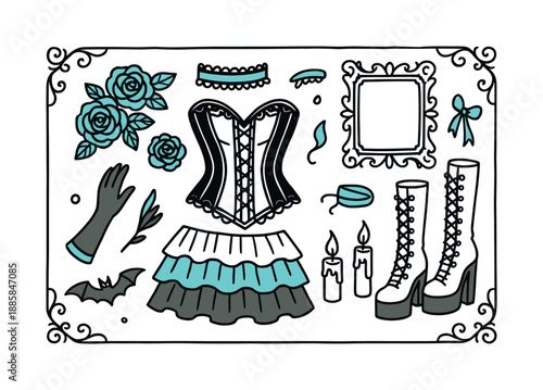 Gothic Fashion Illustration. Gothic Corset Style. Hand-drawn doodle illustration Gothic Corset Style black corset (accented), lace choker, roses (accented),