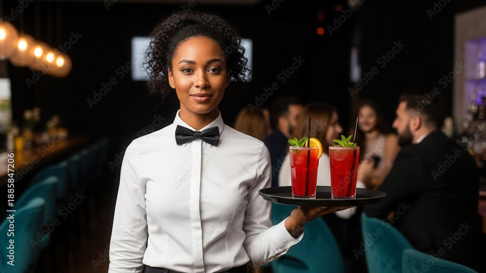Obraz premium African-American woman bartender serving cocktails in a modern lounge bar, nightlife and hospitality service