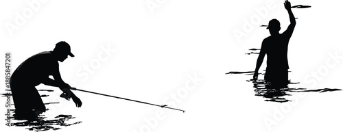 Fishing Silhouette Angler Water River Lake Catch Rod Line Sport Hobby Outdoor Nature Adventure Black Vector Illustration Design