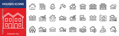 Real Estate And Property Line Icons Set Houses Buildings