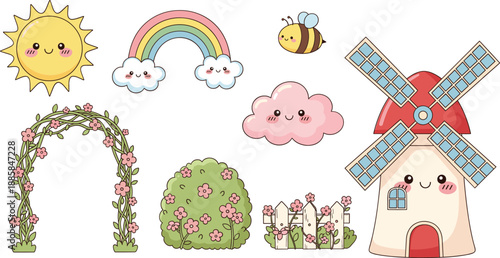 Cute spring nature cartoon illustration set with sun rainbow windmill clouds flowers and garden elements