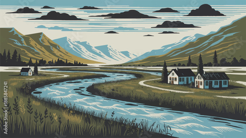 A stylized illustration of a mountain landscape with a winding river (3)_traced