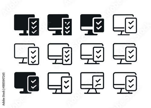 Remote Work Icons. Remote work productivity tips. Icon set. Set Logo of Remote work productivity tips: checklist beside monitor. harmonious logo variations of