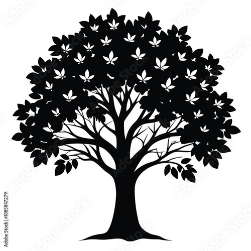 Dense leafy tree shows dark branches with light leaves covering the canopy area