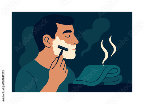 Gentle Shaving Routine. Shaving with safety razors. A person gently guides a classic safety razor along their cheek, steam curling from a warm towel nearby.