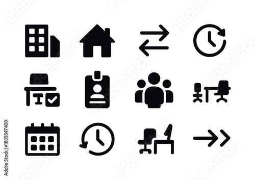 Hybrid Workplace Icons. Hybrid workplace. Solid icon set of Hybrid workplace: office building, home icon, commute arrows, rotating schedule, desk booking icon,