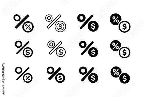 Interest Calculation Icons. Calculating interest on savings. Icon set. Set Logo of Calculating interest on savings: percentage sign and coin. harmonious logo